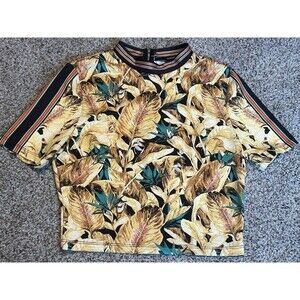 Jealous Tomato Women's Crop Top Palm Print  Mock Neck Zip Closure Sz Large